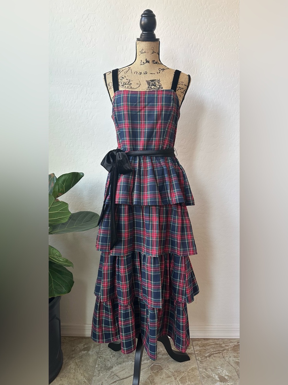 Allison & Kelly Plaid Printed Square Neck Tie Waist Tiered Dress Size L
